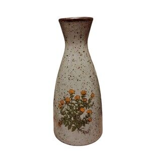 Vintage Takahashi Speckled Stoneware Bud Vase Orange Wildflowers Label Japan